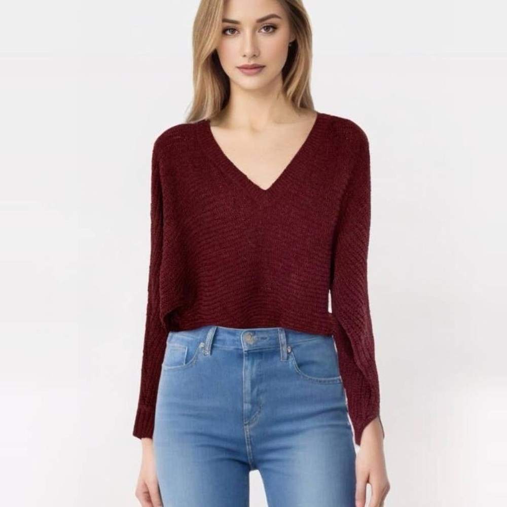 American Eagle Maroon V-neck Batwing Pullover Sweater | Size S